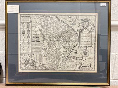 Lot 5120 - Jodocus Hondius (Flanders 1536-1612), map of Lincolnshire, with cartouche of Lincoln, coats of arms of notable families, etc, published by John Speed, dated 1610, framed, 50cm x 37cm