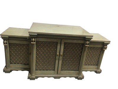 Lot 5327 - Distressed green sideboard with gilt crosshatch doors measuring approximately 180cm wide