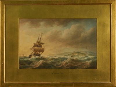 Lot 1143 - Nicholas Pocock (1740-1821) watercolour - Shipping off the Coast in Squally Seas, signed and dated 1807, 24cm x 37cm, in glazed gilt frame
