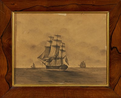 Lot 1144 - Henry C. Goddard, English School, early 19th century, monochrome watercolour - Northumberland Indiaman 1571 Tons, signed and titled.