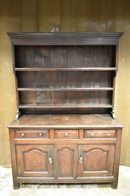 Lot 1388 - Mid-18th century oak high dresser, North Wales, with three drawers and fielded panel c...