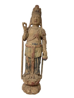 Lot 879 - Large old Chinese carved wood and polychrome painted figure of Guanyin on double lotus base