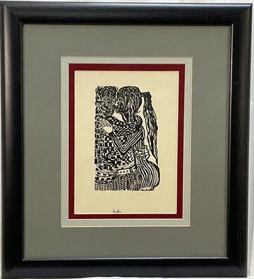 Lot 1170 - *John Bratby (1928-1992) signed print - Embracing Couple, signed in ink, 28cm x 20cm, in glazed frame