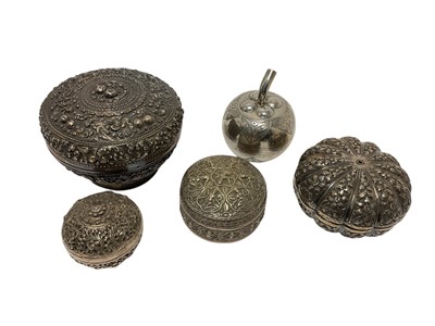 Lot 303 - Burmese white metal lime box and four other white metal boxes (5)