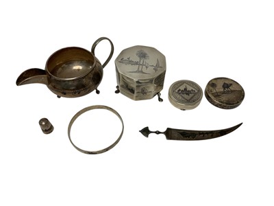 Lot 307 - Iraqi white metal and niello box and six other pieces including a bangle and a thimble (7)
