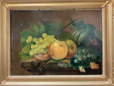 Lot 5262 - Manner of Edward Ladell, oil on panel, still life of fruit and insects on a stone ledge