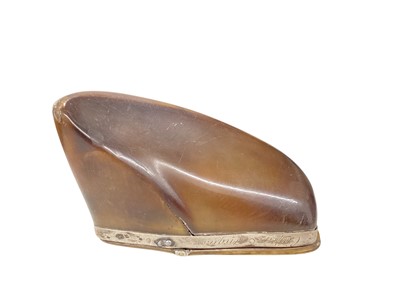 Lot 944 - 19th century cow hoof snuff box, white metal mounted with engraved crest and named 'David Brodie, Cupar Angus', 9cm long