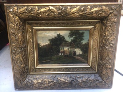 Lot 5261 - 19th century oil on panel of a cottage, in gilt frame moulded with oak leaves and acorns, together with another oil in gilt frame