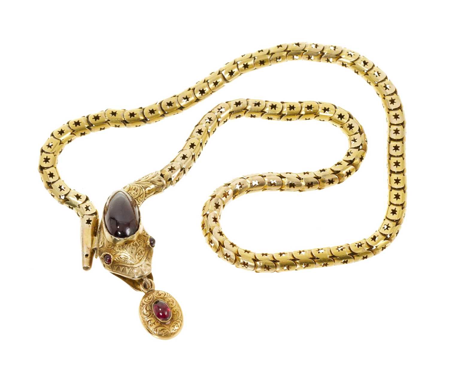 Lot 401 - Victorian gold cabochon garnet snake necklace