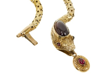 Lot 401 - Victorian gold cabochon garnet snake necklace