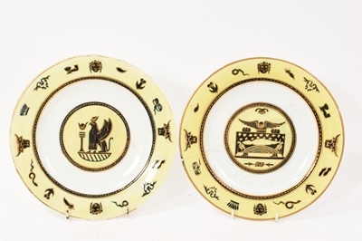 Lot 121 - Rare pair of Derby Egyptian taste yellow ground plates, circa 1805-10