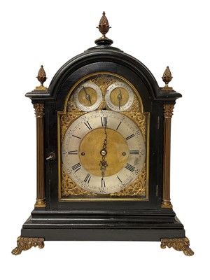 Lot 660 - Impressive late 19th century bracket clock with gilt brass and silvered arched dial with two subsidiary dials for slow/ fast and Chime on 8 bells / Cambridge chimes, chime / silent slide button,...