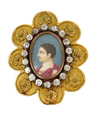 Lot 410 - 19th century portrait brooch with a finely painted portrait miniature on ivory depicting a young Napoleon Bonaparte
