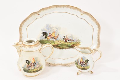 Lot 103 - 19th century Meissen tray, painted with cockerels, and a matching coffee pot and milk jug