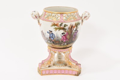 Lot 147 - 19th century continental porcelain twin-handled vase, finely painted with a hunting scene, on a triangular base with stepped feet, mask handles, 'crossed swords' mark to base
