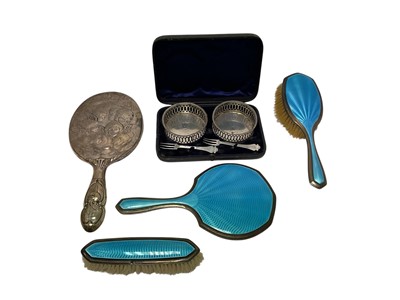 Lot 289 - Three piece Art Deco enamelled silver dressing table set, a hand mirror etc.