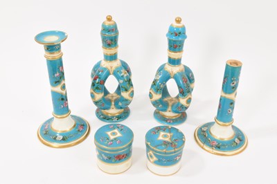 Lot 173 - Pair of unusual turquoise ground vases and covers, circa 1880, probably Minton, and other turquoise glazed items