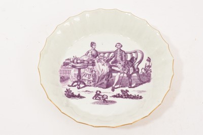 Lot 124 - Worcester saucer, unusually printed in purple by Robert Hancock with The Tea Party, circa 1770