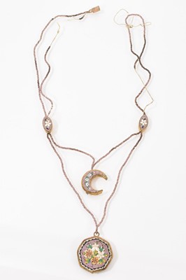 Lot 413 - 19th century micromosaic necklace with octagonal, crescent and navette shaped plaques on a double strand micro bead chain