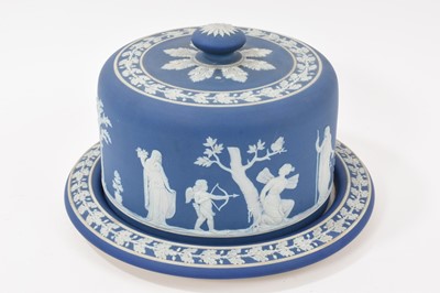 Lot 143 - 19th century Wedgwood jasperware cheese dome, decorated with classical figures in relief, with foliage borders, impressed 'Wedgwood' to base