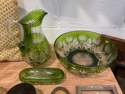 Lot 5170 - Bohemian green flash cut glass wash jug, basin and covered box (3)