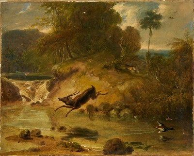 Lot 1075 - Attributed to Thomas John Baines (1822-1875) oil on relined canvas, antelope escaping from a leopard by jumping over a stream, unframed, 32 x 59cm