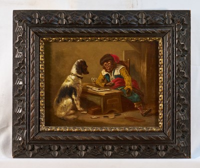 Lot 1079 - Joos Vincent de Vos (1829-1875) pair of oils on oak panels of monkeys and dogs playing cards, both signed, in carved ebonised frames, each 20 x 26cm