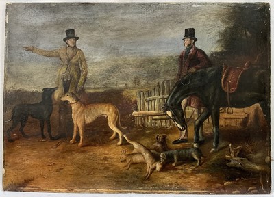 Lot 971 - English School, oil on panel - The Coursing Party, unframed, 25 x 36cm