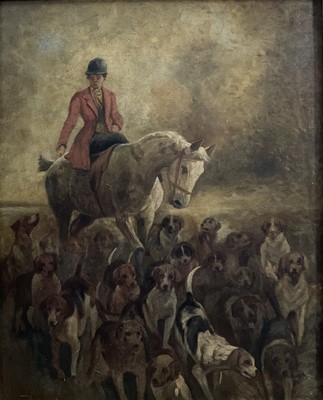 Lot 979 - English School c1950, oil on canvas, huntsman on a grey mare rounding up the hounds, in gilt frame, 60 x 48cm