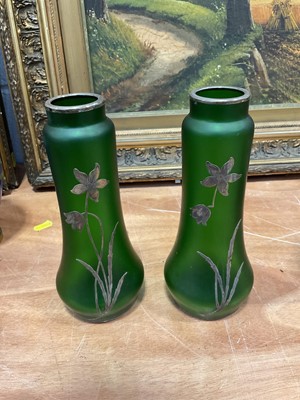 Lot 5174 - Pair of Art Nouveau style green glass vases with white metal overlay flower decoration, 21.5cm high