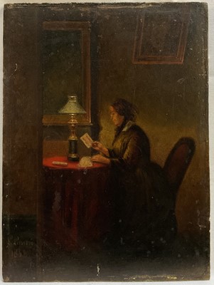 Lot 1125 - Continental School, mid-19th century, oil on panel, lady seated at a table reading playing cards by lamplight, indistinctly signed and dated 1851, unframed, 21.5 x 16cm