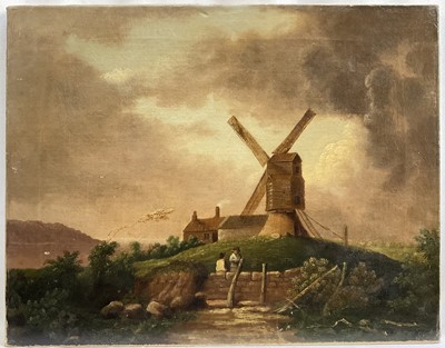 Lot 1076 - Norwich School 19th century, oil on canvas, landscape with figures by a windmill, unframed, 36 × 46cm