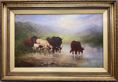 Lot 1078 - Lottie Harris, late 19th century, oil on canvas, highland cattle watering at a river, mountains beyond, signed, in gilt frame, 60 x 99cm