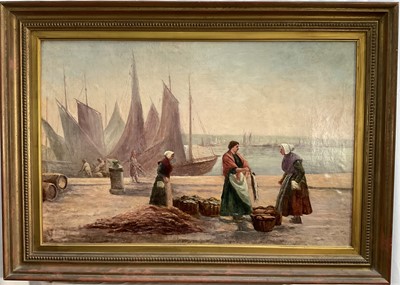 Lot 1081 - English School 19th century, oil on canvas, fisher women selling the catch on a quay, fishing vessels beyond, in gilt frame, 49 × 76cm
