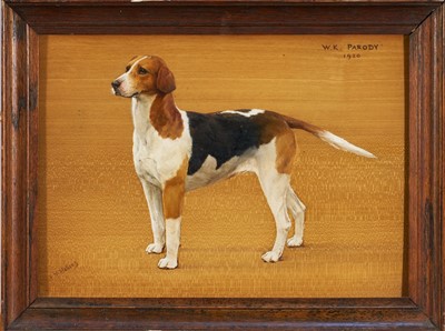 Lot 978 - *Frances Mabel Hollams (1877-1963) oil on board - Portrait of a Hound, W. K. "Parody", 1920, signed and titled, 25cm x 35cm, in glazed frame