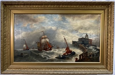 Lot 1130 - 19th century English School, oil on canvas, shipping off a lighthouse in heavy seas, in gilt frame, 42 x 74cm
