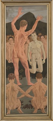 Lot 1106 - *Francis Plummer (1930-2019) egg tempera on board, Gathering of male figures, signed and dated '67 top left, 159cm x 61cm, framed