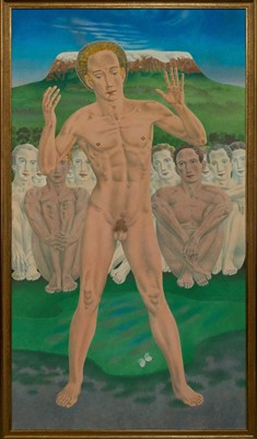 Lot 1107 - *Francis Plummer (1930-2019) egg tempera on board, Male figure before a mountain, signed and dated P. '11, 242cm x 136cm, gilt frame