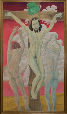 Lot 1108 - *Francis Plummer (1930-2019) egg tempera on board, The Crucifixion, signed and dated P.'09, 242cm x 136cm, gilt frame
