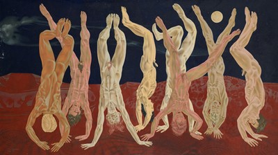 Lot 1109 - *Francis Plummer (1930-2019) egg tempera on board, Acrobats, signed and dated July 1961, 136cm x 242cm, unframed