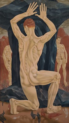 Lot 1110 - *Francis Plummer (1930-2019) egg tempera on board, Male figure genuflecting, signed and dated 1958, 243.5cm x 136cm, unframed