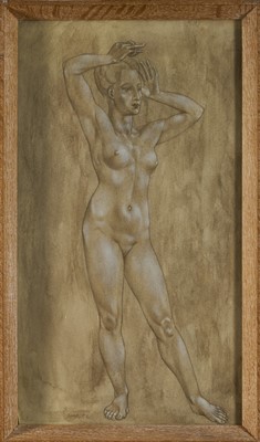 Lot 1111 - *Francis Plummer (1930-2019) pencil and body colour, Standing female nude, signed and dated June '58, 49cm x 27cm, glazed frame