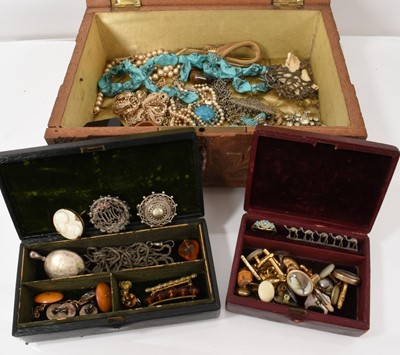 Lot 430 - Group of Victorian and later jewellery to include Victorian silver brooches and oval locket, long guard chain, acorn and leaf turquoise cabochon brooch, paste set brooches, cufflinks and other b...