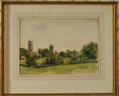 Lot 1146 - Thomas Churchyard (1798-1865) watercolour - Cherry Tree Meadow Woodbridge with the Abbey and St Mary's Church, 21cm x 30cm, glazed gilt frame