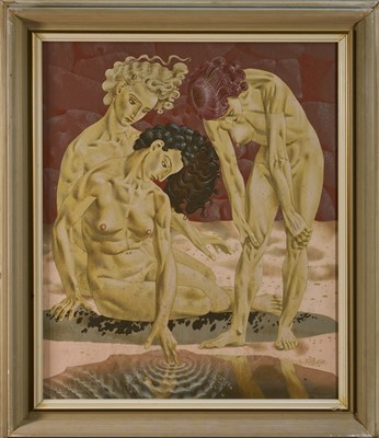 Lot 1121 - *Francis Plummer (1930-2019) egg tempera on board, Three women by water, signed, 59cm x 49cm, glazed frame