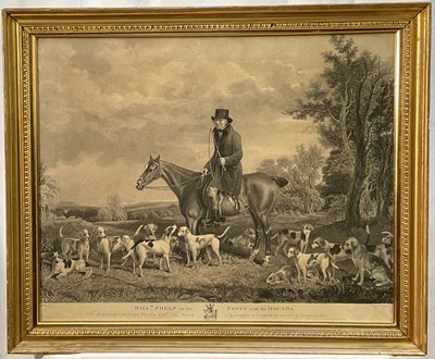 Lot 986 - "Willm Phelp on his Poney with the Hounds", circa 1800, black and white engraving by J Whessell after Bennett. Not in British Museum, framed and glazed, 56cm x 68cm