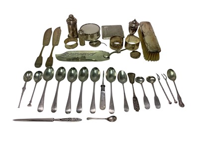 Lot 296 - Selection of miscellaneous silver, including cigarette case, napkin rings, condiments, flatware, etc