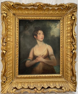 Lot 1008 - Regency oil on canvas half length portrait of a young lady, 33cm x 27cm, in good gilt frame