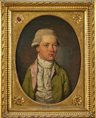 Lot 1009 - English School, late 18th century, oil on canvas - portrait of a young gentleman with green coat named verso as Mr James Colquhoun Bart
