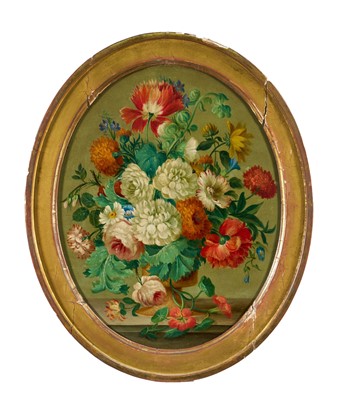 Lot 1016 - Pair of 19th century oval oils on copper - Still Life Profusions of Summer Flowers, 32cm x 25cm, in gilt frames